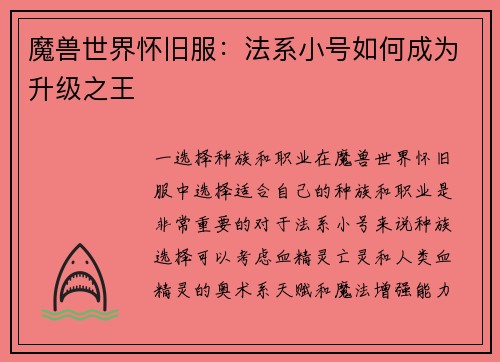魔兽世界怀旧服：法系小号如何成为升级之王