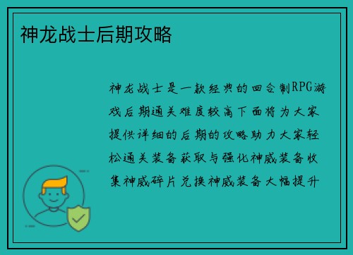 神龙战士后期攻略